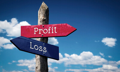Profit or loss - wooden signpost with two arrows, sky with clouds © PX Media