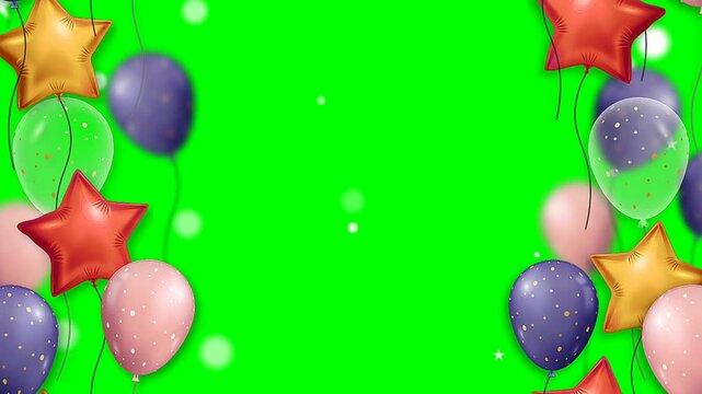colorful foil balloons, and latex border on green screen with floating sparkles, birthday celebration overlay chroma key 4k.