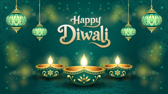 Elegant Happy Diwali Greeting Banner with Ornate Green and Gold Hanging Lanterns, Glowing Oil Lamps, Decorative Mandala Background and Festive Emerald Teal Light Effects