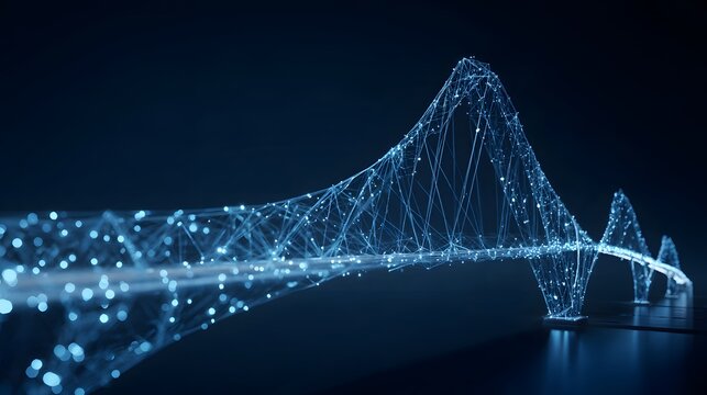 Luminous blue digital network forming an abstract bridge over a dark futuristic landscape