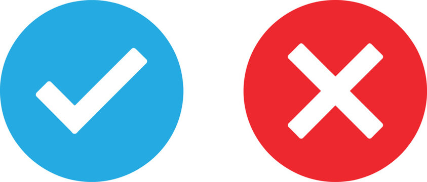 Blue check mark and red cross sign icons for true or false and correct or incorrect selection