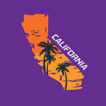 California State Silhouette with Palm Trees Retro Sunset Style Illustration