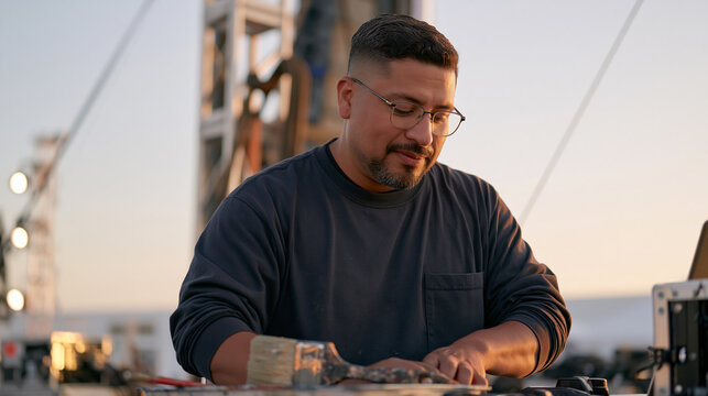 A scenic painter calibrates projection equipment at twilight on an outdoor stage, a worn brush passed down from a mentor resting on the paint tray, the process of aligning the