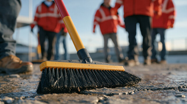 A commercial cleaning crew's specialized hand tools arranged across rain soaked cracked earth pavement after a drought site cleanup, the team visible in the background mid