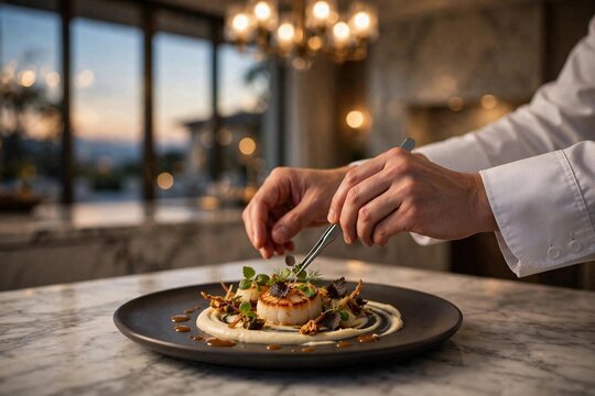 Private chef plating gourmet scallop dish in luxury villa kitchen