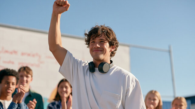 A kids art class instructor celebrates a milestone wall mural completion in harsh midday sun outdoors, headphones looped around their neck, climate anxiety quote painted in the