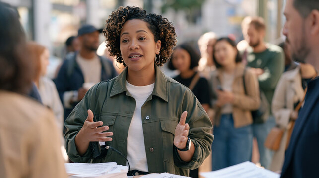 A sign language interpreter on a busy urban street corner calibrates a portable amplification device before a genetic health community briefing, a fresh batch of printed CRISPR
