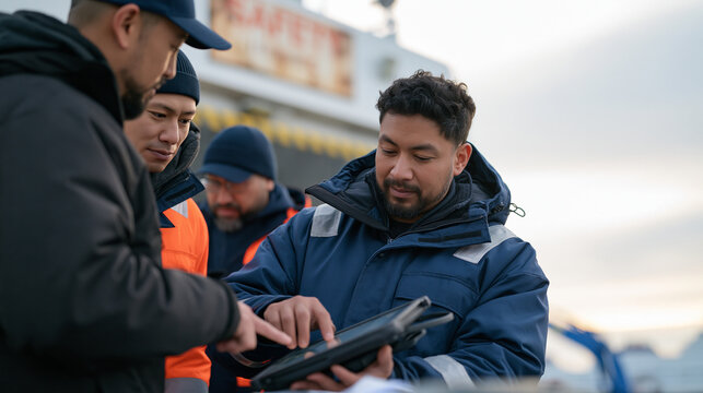 A diverse ferry deckhand team debriefing in early morning mist on a dock, a faded safety sign visible above the gangway behind them, the predictive inventory manifest open on a