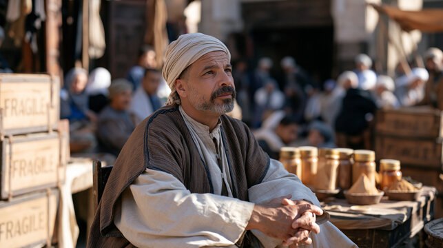 A furniture maker waits out a delivery delay during golden hour on a crowded workshop courtyard, stacks of crates marked fragile lining the perimeter, natural pigment powder jars