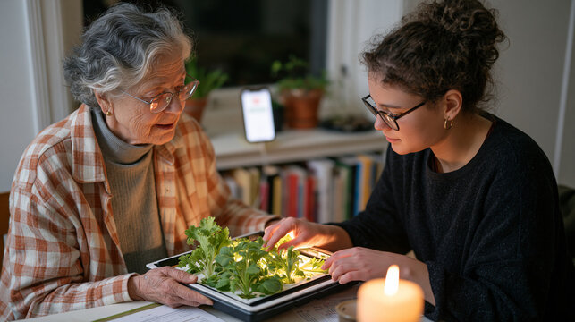 An elderly woman and her adult grandchild balancing a hydroponic grow tray together by candlelight, a phone buzzing with a notification on the shelf behind them, the