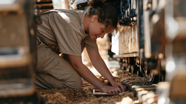 A young person reaches into a narrow gap between industrial forestry machinery to retrieve a dropped cross stitch hoop, sawdust scattered across the floor around her, the single