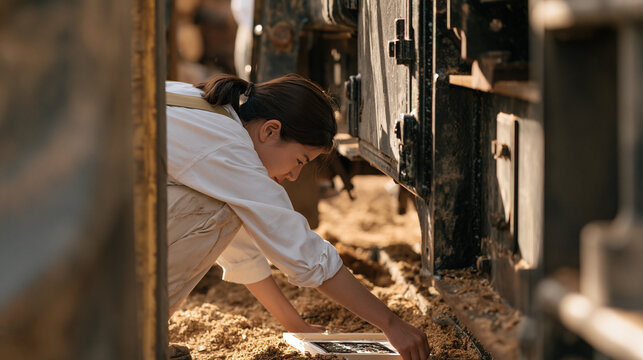 A young person reaches into a narrow gap between industrial forestry machinery to retrieve a dropped cross stitch hoop, sawdust scattered across the floor around her, the single
