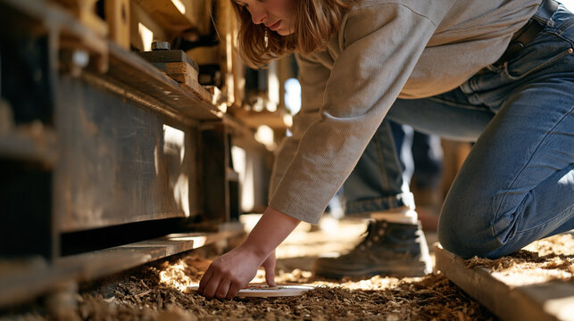 A young person reaches into a narrow gap between industrial forestry machinery to retrieve a dropped cross stitch hoop, sawdust scattered across the floor around her, the single