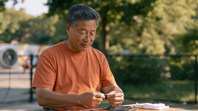 An elderly immigrant CrossFit coach troubleshoots a broken resistance cable outdoors in lush nature setting, a ventilation fan humming on a nearby wall, neighborhood