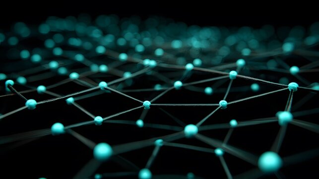 Glowing turquoise nodes connect in an abstract three-dimensional network on black