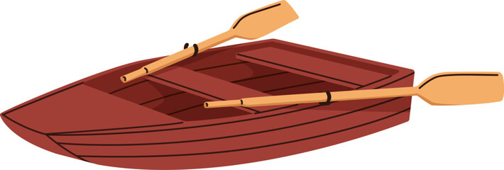 Wooden rowing boat with wood paddles. Water vessel, transport with oars. Small vehicle with seats for leisure, transportation. Flat vector illustration isolated on white background. © Good Studio