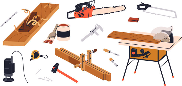 Carpentry and woodwork tools set. Carpenters machines, joinery equipment for wood and timber processing. Cutting, sawing instruments. Flat graphic vector illustrations isolated on white background.