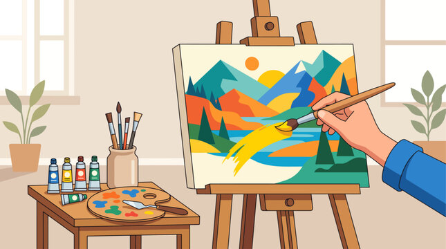 Hand holding a paintbrush adds orange strokes to an abstract landscape canvas on a wooden easel, beside a table with paints and a palette, in a bright studio with plants and a city view.