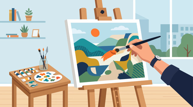 Hand holding a paintbrush adds orange strokes to an abstract landscape canvas on a wooden easel, beside a table with paints and a palette, in a bright studio with plants and a city view.