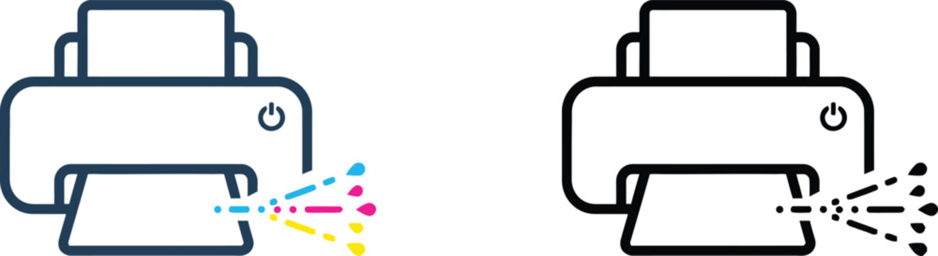 Set of simple inkjet printer icons with colorful and black ink splashes for document printing