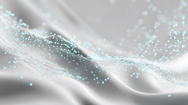Elegant white technology background with cyan data particles and flowing fiber optic lines