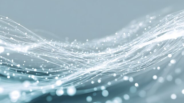 Luminous white and cyan data streams sweep across a soft blue-gray technology background