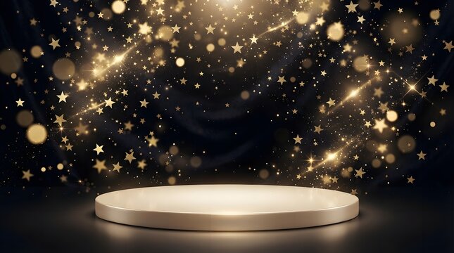 Empty golden circular podium on a dark background with falling golden stars and glowing bokeh lights for product display and presentation