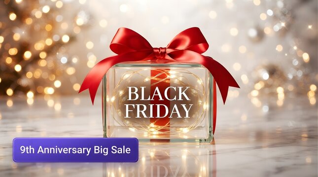 Black friday 9th anniversary big sale promotional banner with a glass gift box containing fairy lights and a red ribbon bow on a festive bokeh background