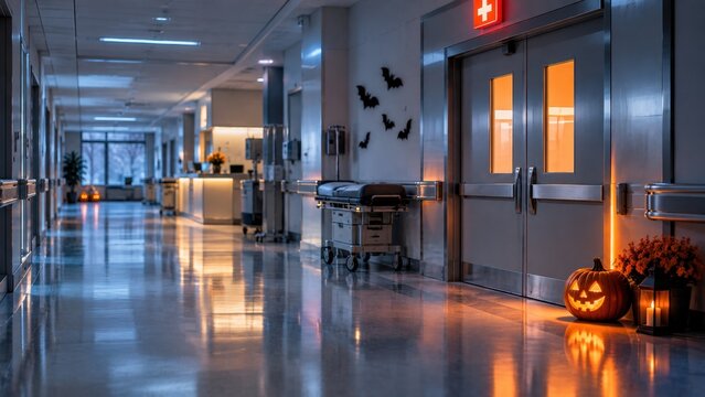 Spooky Halloween Hospital Corridor With Glowing Pumpkin And Emergency Entrance