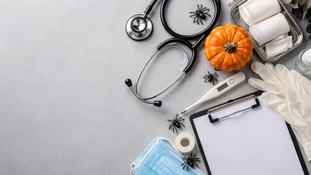 Halloween Healthcare Background With Medical Supplies Pumpkin And Copy Space