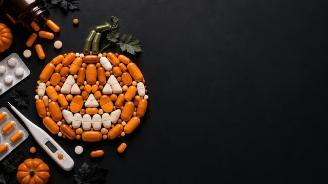 Halloween Pumpkin Face Made From Colorful Pills On Black Background