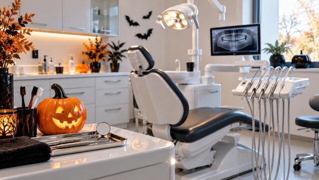 Modern Halloween Dental Clinic Interior With Glowing Pumpkin And Equipment