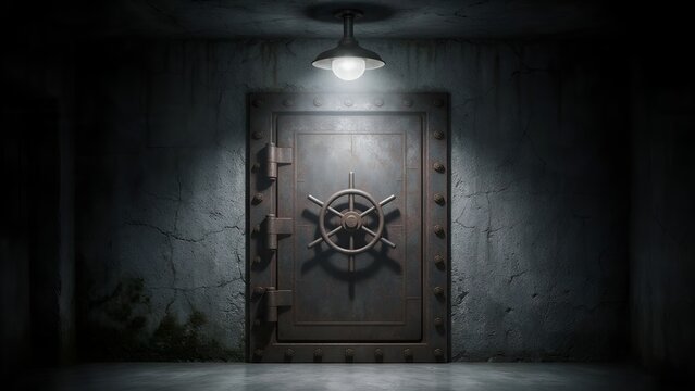 Heavy rusty metal bank vault door with large steering wheel mechanism securely closed inside dark subterranean concrete bunker illuminated by overhead industrial lamp casting dramatic shadows