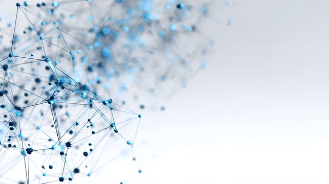 Abstract blue digital network of connected nodes on a clean white background with copy space