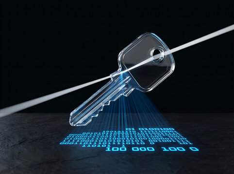 Llave de cristal transparente proyectando c&oacute;digo binario de ne&oacute;n azul sobre fondo oscuro, concepto de encriptaci&oacute;n cu&aacute;ntica y llaves de acceso digital