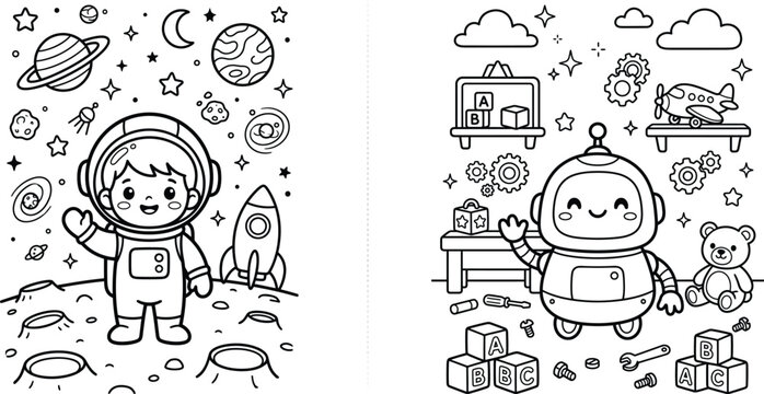 Kids coloring book vector pages with astronaut and robot themes