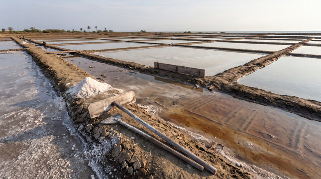 Traditional solar salt evaporation ponds with wooden rakes and salt heap on earthen ridge in coastal Madura Indonesia