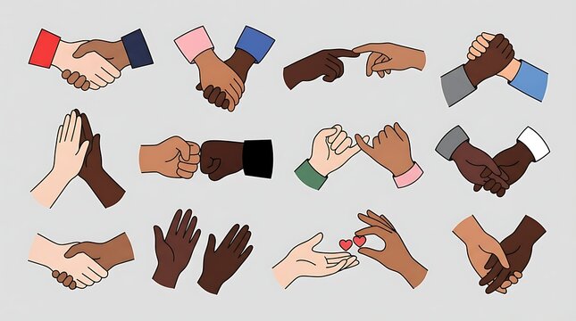 Set of diverse hands interacting in various gestures of unity, friendship, and support, including handshakes, fist bumps, and holding hands, isolated on grey background