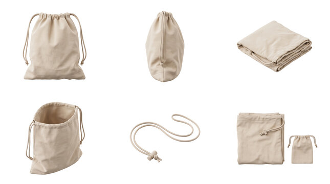 Collection of beige cotton drawstring pouches and fabric bags in various folded and open positions isolated on a transparent background