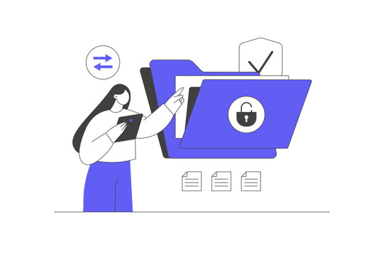 Encrypted File Cloud Data Security and Protected Storage Access. Female Specialist Pointing at Folder Lock Padlock Icon with Data Sync Arrows and Verified Check. Flat Cartoon Vector Illustration, icon
