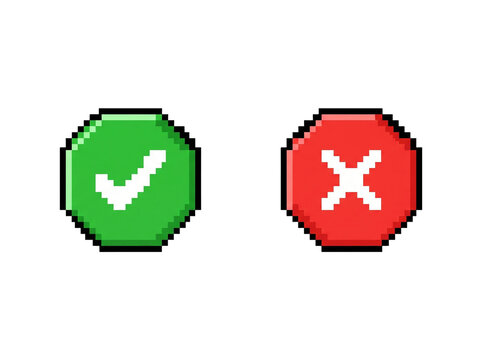 Retro pixel art check cross icons, green red accept cancel button graphics, vintage octagon mark design for game UI interface
