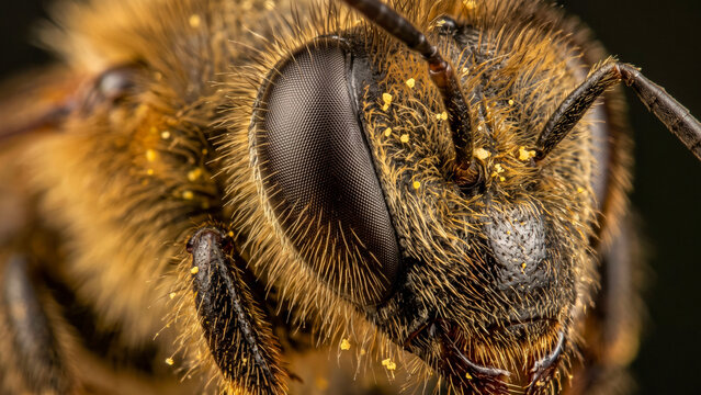 extreme macro close up of a honey bee face covered in yellow pollen