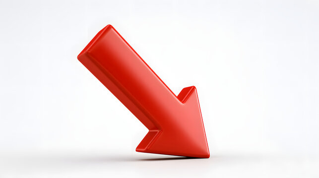 A vibrant red 3D arrow pointing downwards on a clean white background. This bold graphic symbol represents decrease, decline, reduction, direction, and finance loss concepts for business presentation