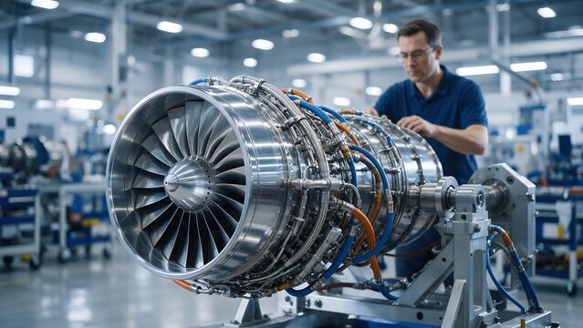 Skilled male aerospace engineer meticulously assembling and inspecting complex jet engine turbine components inside a modern brightly lit manufacturing plant workshop facility