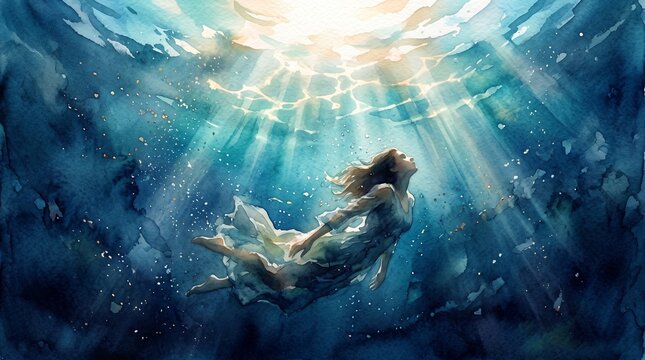 A lone figure swims towards a radiant light source in a deep blue ocean environment evoking hope and freedom