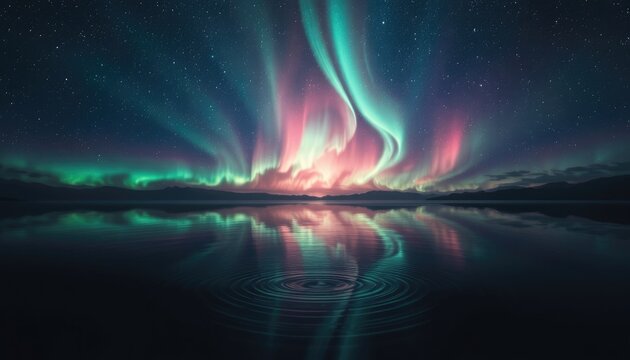 Celestial spectacle of vibrant auroras dancing over still water, perfect for inspirational backgrounds, cosmic event promotions, and serene nature showcases.
