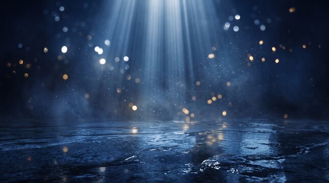 Dramatic stage lighting with scattered particles creating a mystical and ethereal atmosphere perfect for concerts or performances