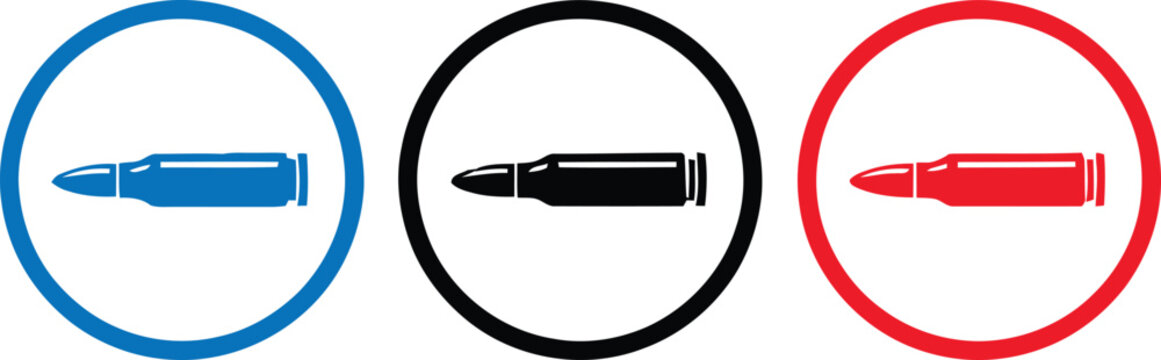 Three colorful bullet icons in circular frames representing gun ammunition and shooting sports
