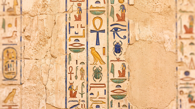 Egyptian hieroglyph wall painting with ancient symbols and art  