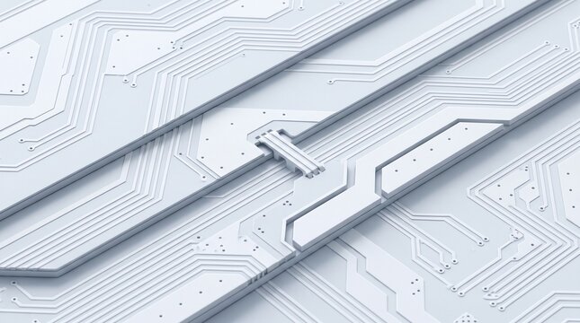 Electronic circuit board 3D render in monochrome white. Features intricate pathways, conductive traces, and a central bridge connection. Abstract technology background for computing and engineering